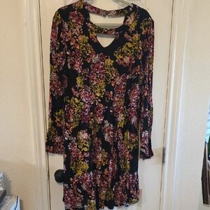 Nina Leonard Floral Long Sleeve Dress - Black, Pink, Yellow